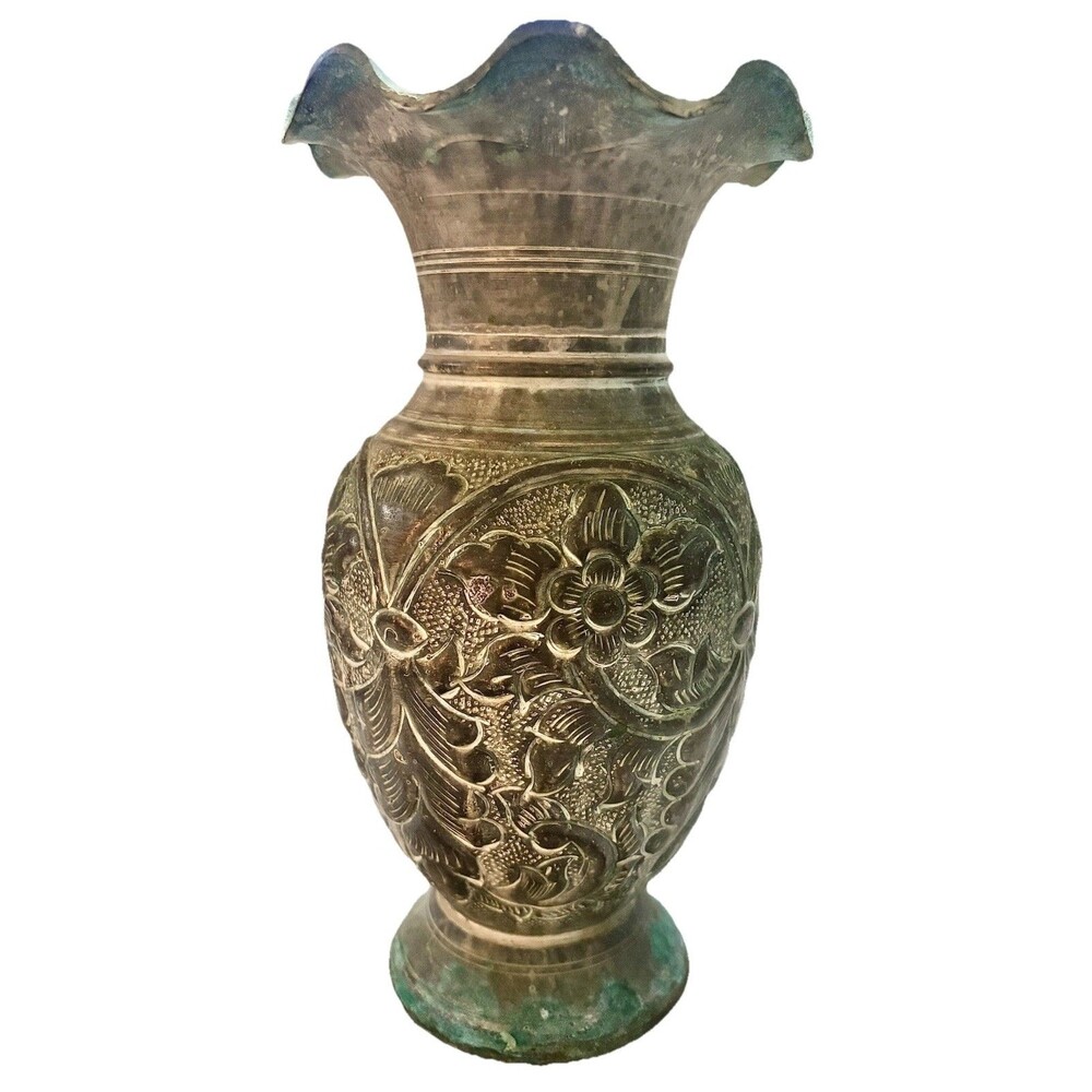 Vintage Solid Brass Vase Urn Made In India Etched Floral Scalloped Rim Patina